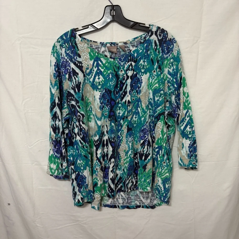 Chico’s Rayon Spandex Mediteranea Hi-Low Top in Iced Turq Multicolor - Picture 1 of 9
